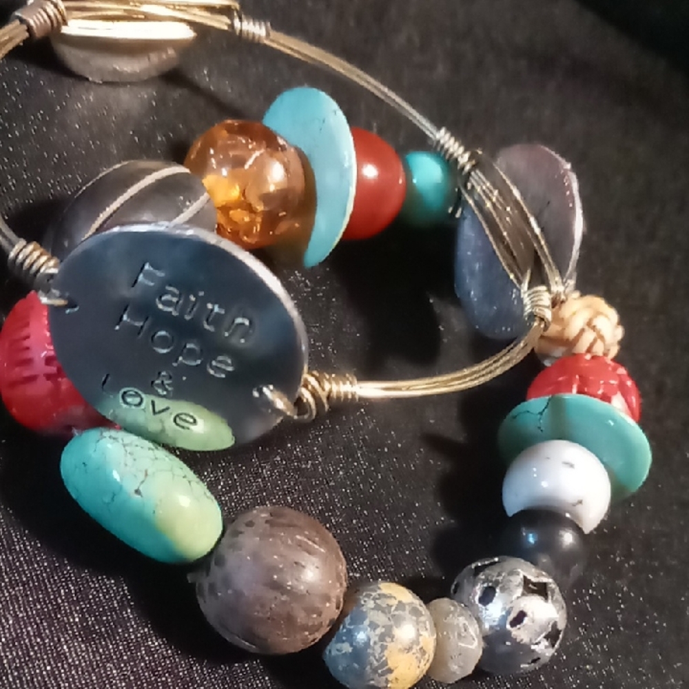 Faith Hope & Love wire bracelet & Multimedia Beaded Bracelet chunky.